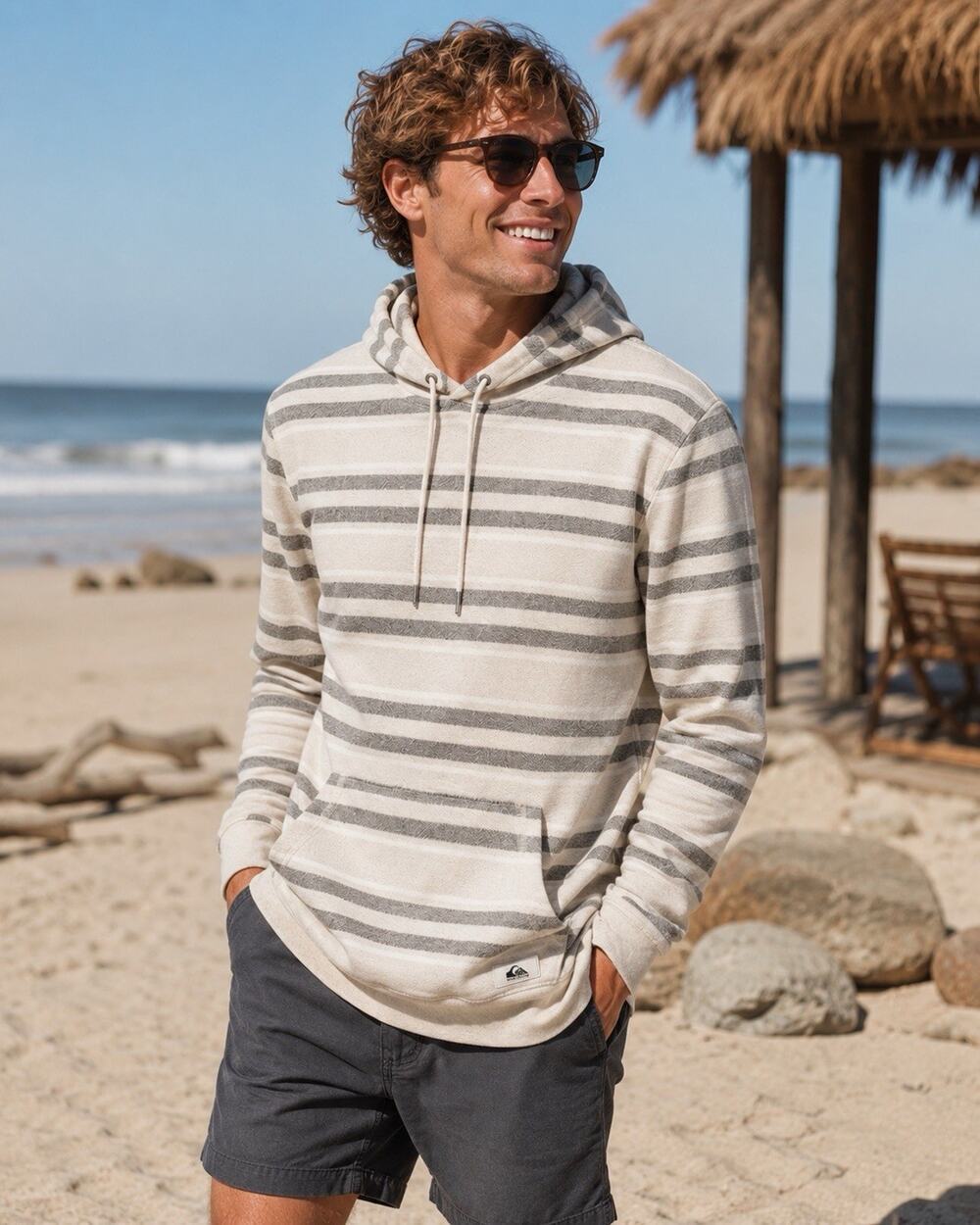 Quiksilver Pullover Hoodie Sweatshirt Mens Sz M Beige Brown Striped Micro Terry